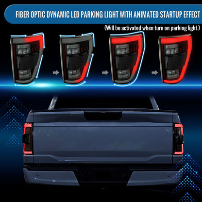 Ronnin - Fits 2021-2023 Ford F150 Full LED Tail Lights without Blind Spot Sequential Turn Signals + Animated Startup Effect Parking Assembly | Black Smoke | White Tube