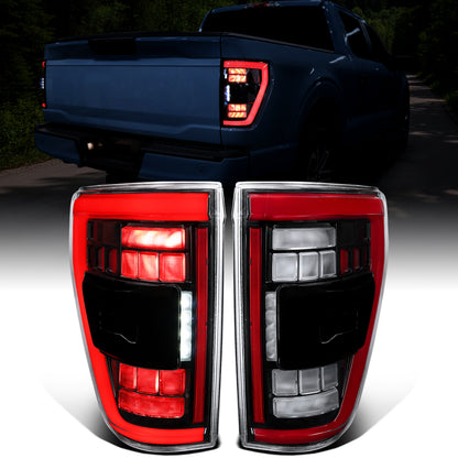Ronnin - Fits 2021-2023 Ford F150 Full LED Tail Lights without Blind Spot Sequential Turn Signals + Animated Startup Effect Parking Assembly | Glossy Black