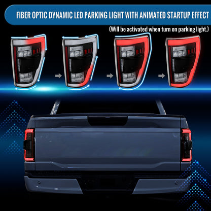 Ronnin - Fits 2021-2023 Ford F150 Full LED Tail Lights without Blind Spot Sequential Turn Signals + Animated Startup Effect Parking Assembly | Black | White Tube