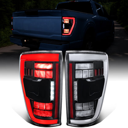 Ronnin - Fits 2021-2023 Ford F150 Full LED Tail Lights without Blind Spot Sequential Turn Signals + Animated Startup Effect Parking Assembly | Black | White Tube