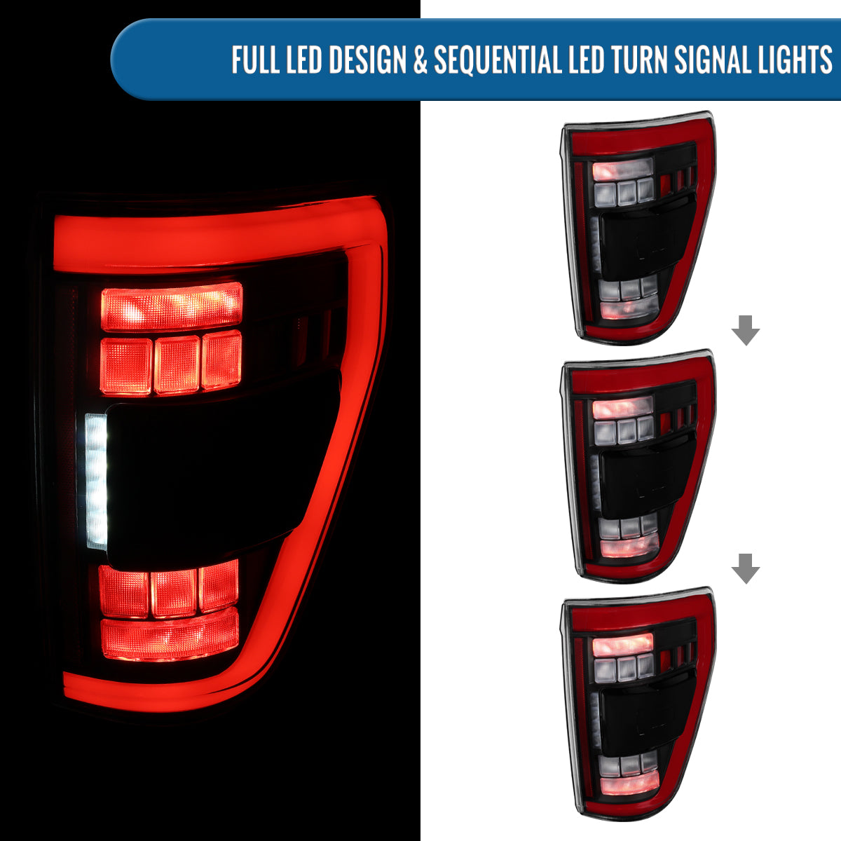 Ronnin - Fits 2021-2023 Ford F150 Full LED Tail Lights without Blind Spot Sequential Turn Signals + Animated Startup Effect Parking Assembly | Black