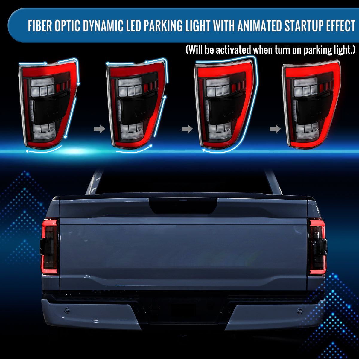 Ronnin - Fits 2021-2023 Ford F150 Full LED Tail Lights without Blind Spot Sequential Turn Signals + Animated Startup Effect Parking Assembly | Black