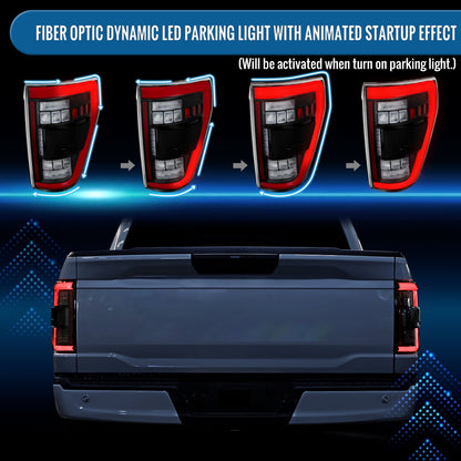 Ronnin - Fits 2021-2023 Ford F150 Full LED Tail Lights without Blind Spot Sequential Turn Signals + Animated Startup Effect Parking Assembly | Black