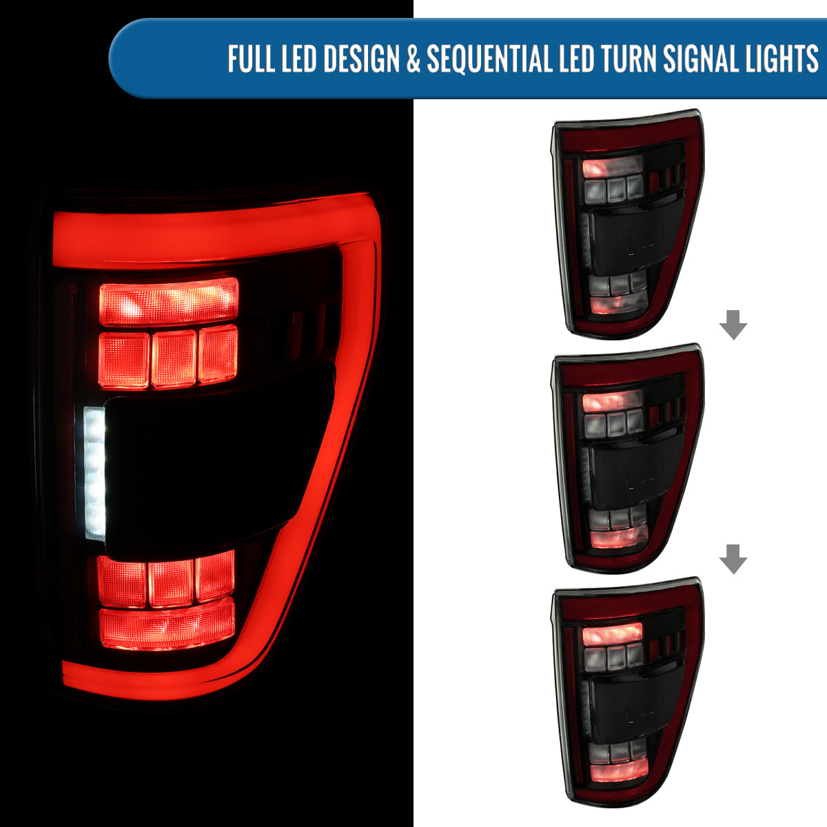 Ronnin - Fits 2021-2023 Ford F150 Full LED Tail Lights without Blind Spot Sequential Turn Signals + Animated Startup Effect Parking Assembly | Black Smoke
