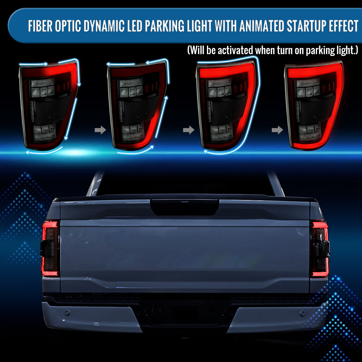 Ronnin - Fits 2021-2023 Ford F150 Full LED Tail Lights without Blind Spot Sequential Turn Signals + Animated Startup Effect Parking Assembly | Black Smoke