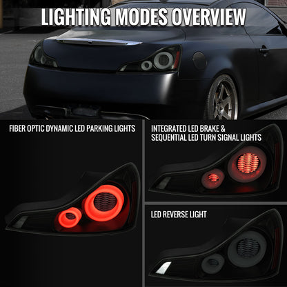 Ronnin - Fits 2008-2013 Infiniti G37 Coupe 2014-2015 Infiniti Q60 Coupe Upgraded Replacement Full LED Tail Lights Animated Startup Effect + Sequential Signal Lamps Assembly Pair | Black Smoke | White Tube