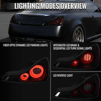 Ronnin - Fits 2008-2013 Infiniti G37 Coupe 2014-2015 Infiniti Q60 Coupe Upgraded Replacement Full LED Tail Lights Animated Startup Effect + Sequential Signal Lamps Assembly Pair | Black Smoke