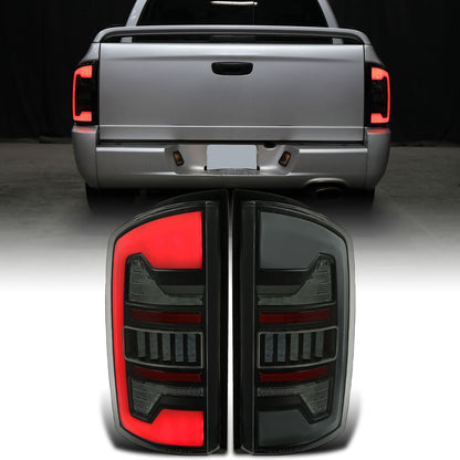 Ronnin - Fits 2002-2006 Dodge Ram 1500 2500 3500 Upgraded Full LED Tail Lights Assembly Pair | Black Smoke | White Tube
