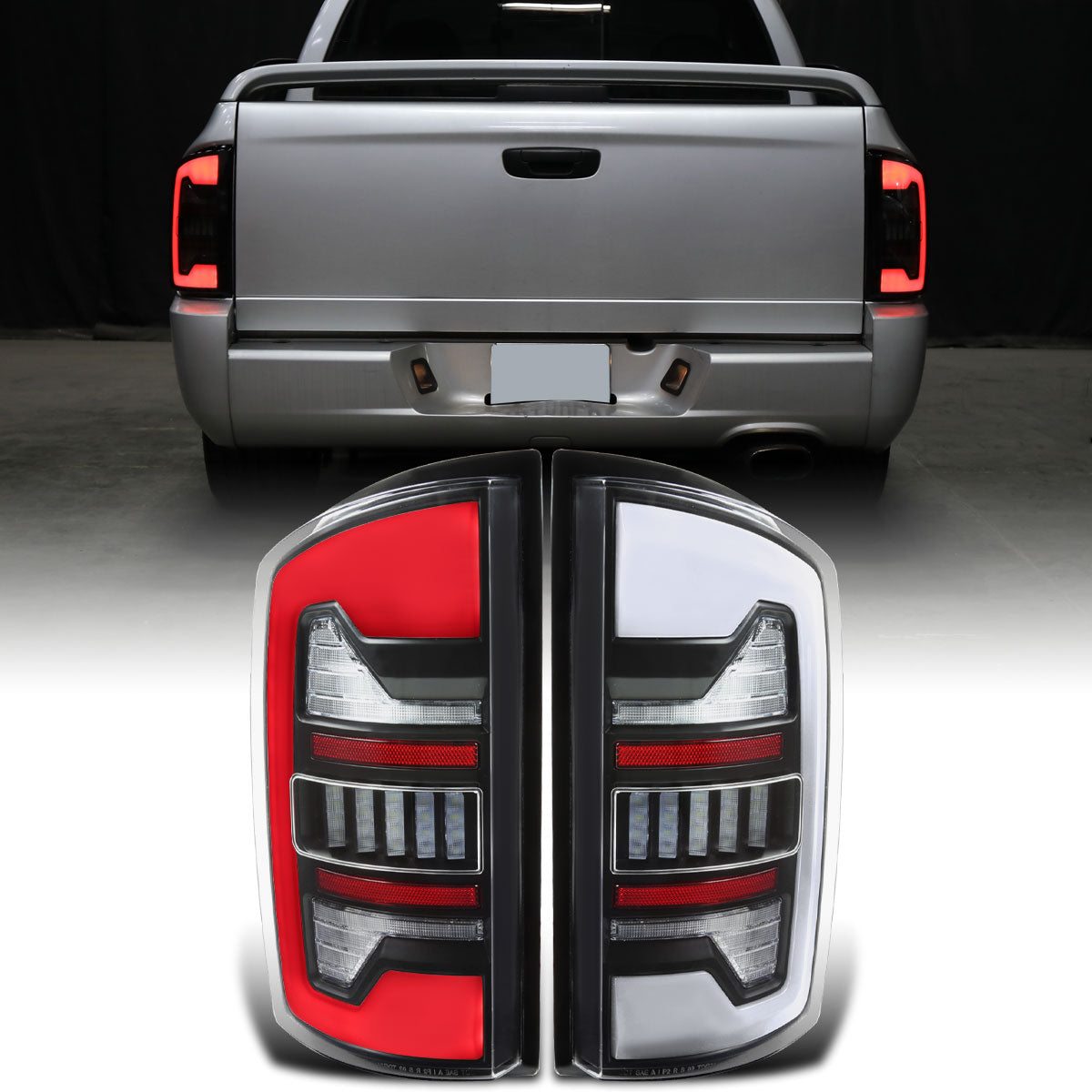 Ronnin - Fits 2002-2006 Dodge Ram 1500 2500 3500 Upgraded Full LED Tail Lights Assembly Pair | Black | White Tube