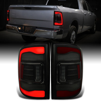 Ronnin - Fits 2009-2018 Ram 1500 2010-2018 Ram 2500 3500 2019-2022 1500 Classic Full LED Tail Lights Integrated LED Brake and Turn Signal Lamps Assembly Pair | Black Smoke