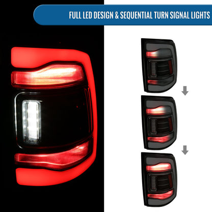 Ronnin - Fits 2013-2018 Ram 1500 2500 3500 2019-2022 Ram 1500 Classic Full LED Tail Lights Integrated Brake and Sequential Turn Signals + Animated Startup Effect Pair | Black Smoke | White Tube
