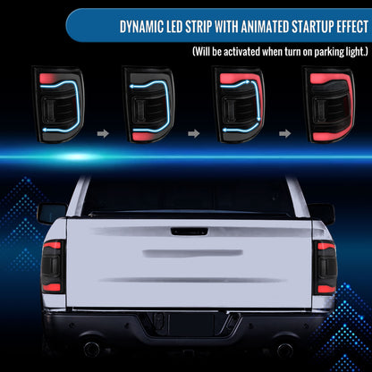 Ronnin - Fits 2013-2018 Ram 1500 2500 3500 2019-2022 Ram 1500 Classic Full LED Tail Lights Integrated Brake and Sequential Turn Signals + Animated Startup Effect Pair | Black Smoke | White Tube
