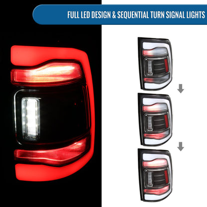 Ronnin - Fits 2013-2018 Ram 1500 2500 3500 2019-2022 Ram 1500 Classic Full LED Tail Lights Integrated Brake and Sequential Turn Signals + Animated Startup Effect Assembly Pair | Black | White Tube