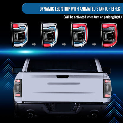 Ronnin - Fits 2013-2018 Ram 1500 2500 3500 2019-2022 Ram 1500 Classic Full LED Tail Lights Integrated Brake and Sequential Turn Signals + Animated Startup Effect Assembly Pair | Black | White Tube