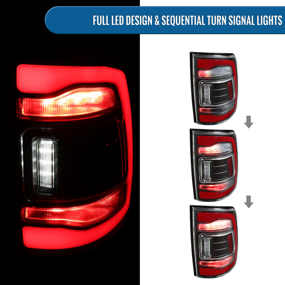 Ronnin - Fits 2013-2018 Ram 1500 2500 3500 2019-2022 Ram 1500 Classic Full LED Tail Lights Integrated Brake and Sequential Turn Signals + Animated Startup Effect Assembly Pair | Black
