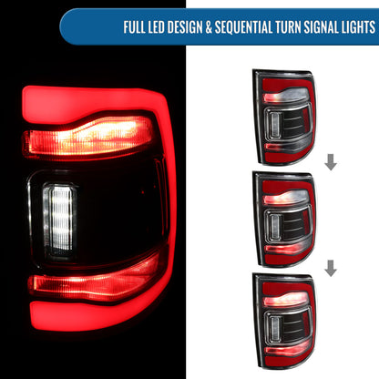 Ronnin - Fits 2013-2018 Ram 1500 2500 3500 2019-2022 Ram 1500 Classic Full LED Tail Lights Integrated Brake and Sequential Turn Signals + Animated Startup Effect Assembly Pair | Black