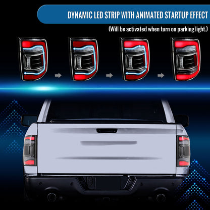 Ronnin - Fits 2013-2018 Ram 1500 2500 3500 2019-2022 Ram 1500 Classic Full LED Tail Lights Integrated Brake and Sequential Turn Signals + Animated Startup Effect Assembly Pair | Black