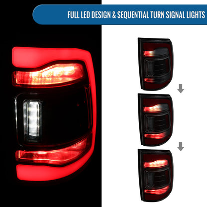 Ronnin - Fits 2013-2018 Ram 1500 2500 3500 2019-2022 Ram 1500 Classic Full LED Tail Lights Integrated Brake and Sequential Turn Signals + Animated Startup Effect Assembly Pair | Black Smoke