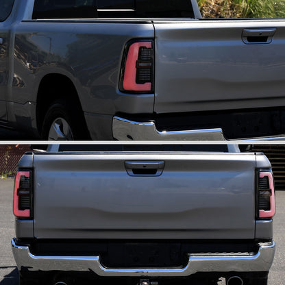 Ronnin - Fits 2019-2024 Ram 1500 Upgraded Full LED Tail Lights Integrated LED Brake and Sequential Turn Signal + Animated Startup Effect Assembly Pair | Black Smoke | White Tube