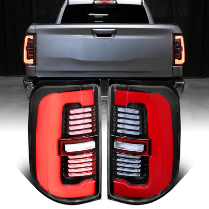 Ronnin - Fits 2019-2024 Ram 1500 Upgraded Full LED Tail Lights Integrated LED Brake and Sequential Turn Signal + Animated Startup Effect Assembly Pair | Glossy Black