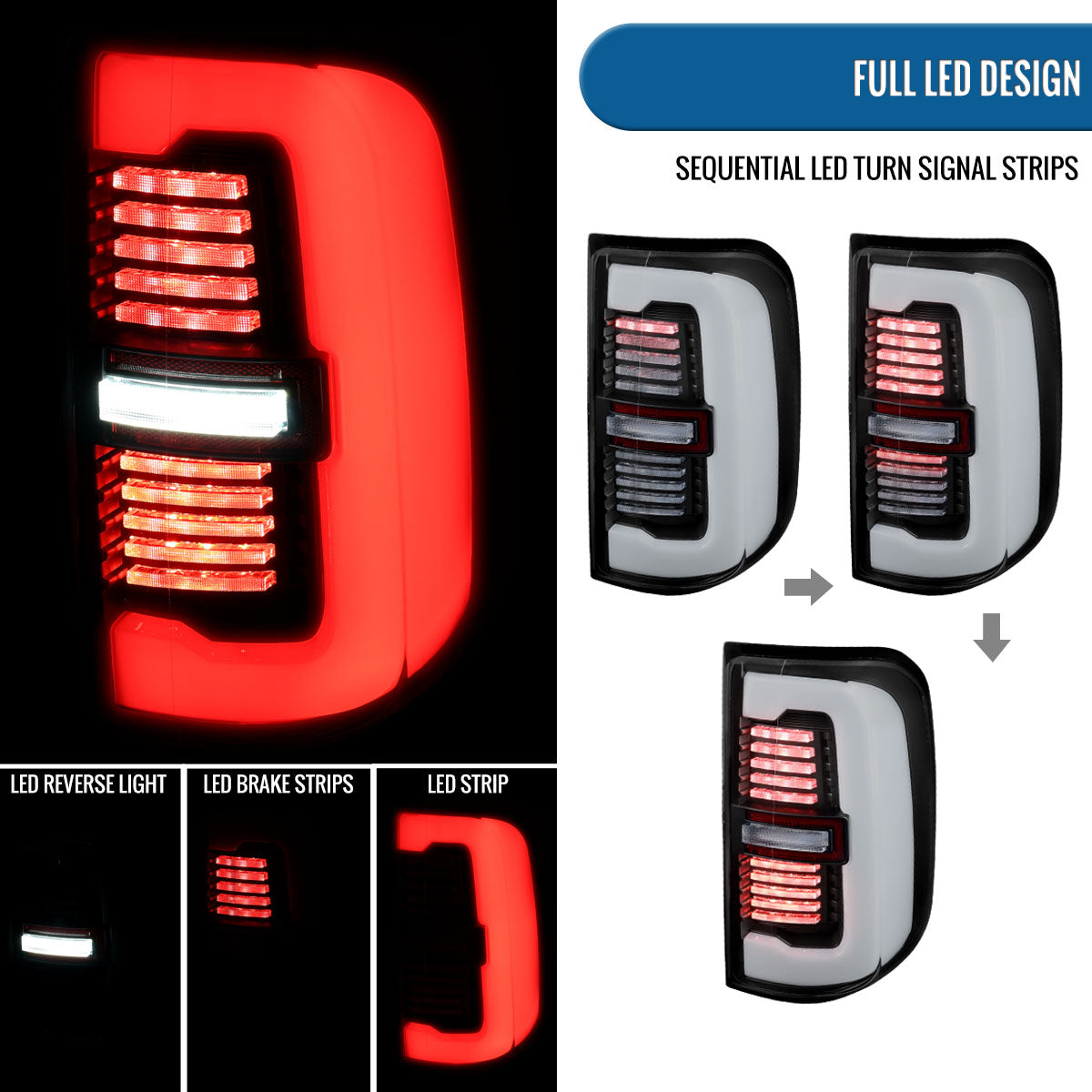 Ronnin - Fits 2019-2024 Ram 1500 Upgraded Full LED Tail Lights Integrated LED Brake and Sequential Turn Signal + Animated Startup Effect Assembly Pair | Black | White Tube