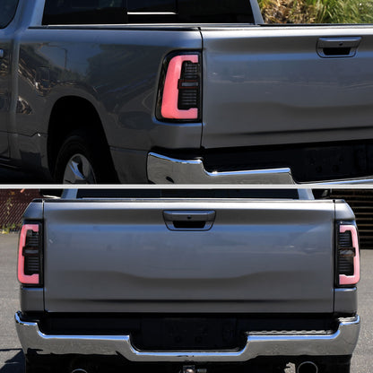 Ronnin - Fits 2019-2024 Ram 1500 Upgraded Full LED Tail Lights Integrated LED Brake and Sequential Turn Signal + Animated Startup Effect Assembly Pair | Black | White Tube