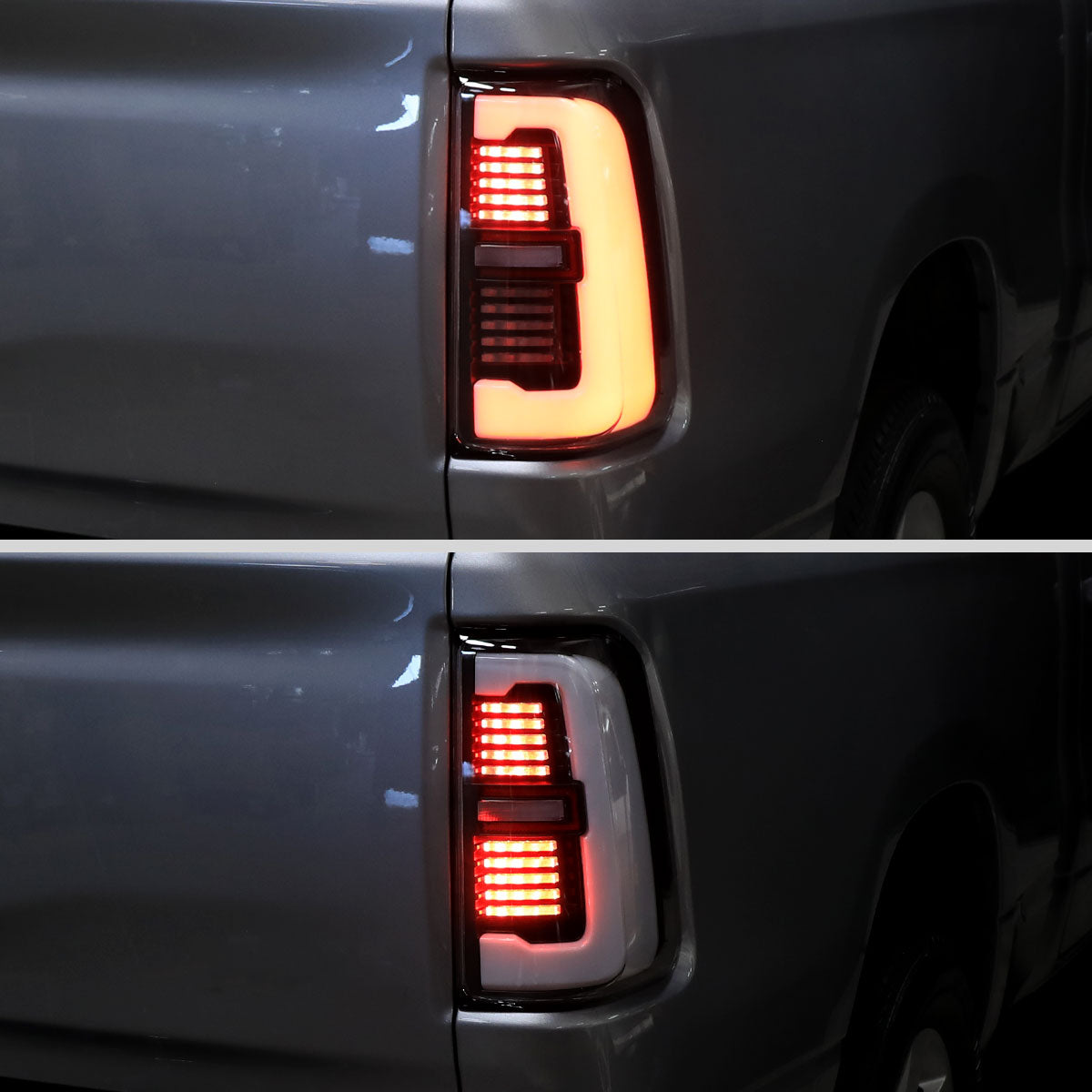 Ronnin - Fits 2019-2024 Ram 1500 Upgraded Full LED Tail Lights Integrated LED Brake and Sequential Turn Signal + Animated Startup Effect Assembly Pair | Black | White Tube
