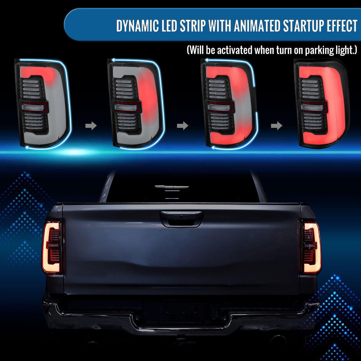 Ronnin - Fits 2019-2024 Ram 1500 Upgraded Full LED Tail Lights Integrated LED Brake and Sequential Turn Signal + Animated Startup Effect Assembly Pair | Black | White Tube