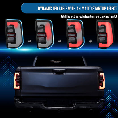 Ronnin - Fits 2019-2024 Ram 1500 Upgraded Full LED Tail Lights Integrated LED Brake and Sequential Turn Signal + Animated Startup Effect Assembly Pair | Black | White Tube