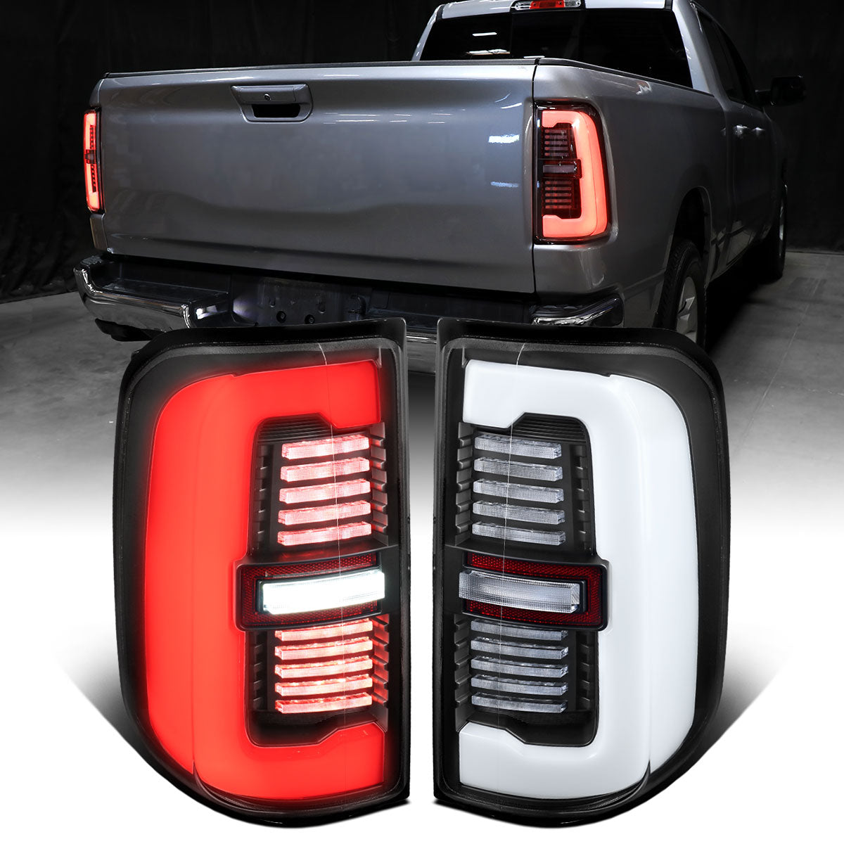 Ronnin - Fits 2019-2024 Ram 1500 Upgraded Full LED Tail Lights Integrated LED Brake and Sequential Turn Signal + Animated Startup Effect Assembly Pair | Black | White Tube