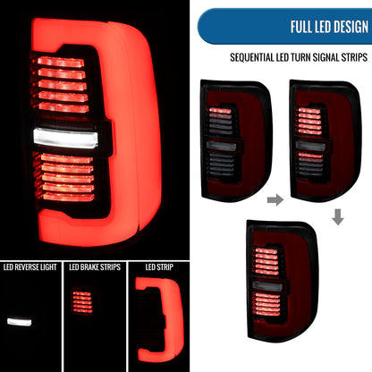 Ronnin - Fits 2019-2024 Ram 1500 Upgraded Full LED Tail Lights Integrated LED Brake and Sequential Turn Signal + Animated Startup Effect Assembly Pair | Black Smoke