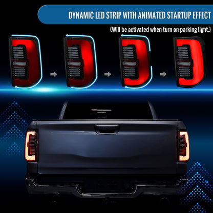 Ronnin - Fits 2019-2024 Ram 1500 Upgraded Full LED Tail Lights Integrated LED Brake and Sequential Turn Signal + Animated Startup Effect Assembly Pair | Black Smoke
