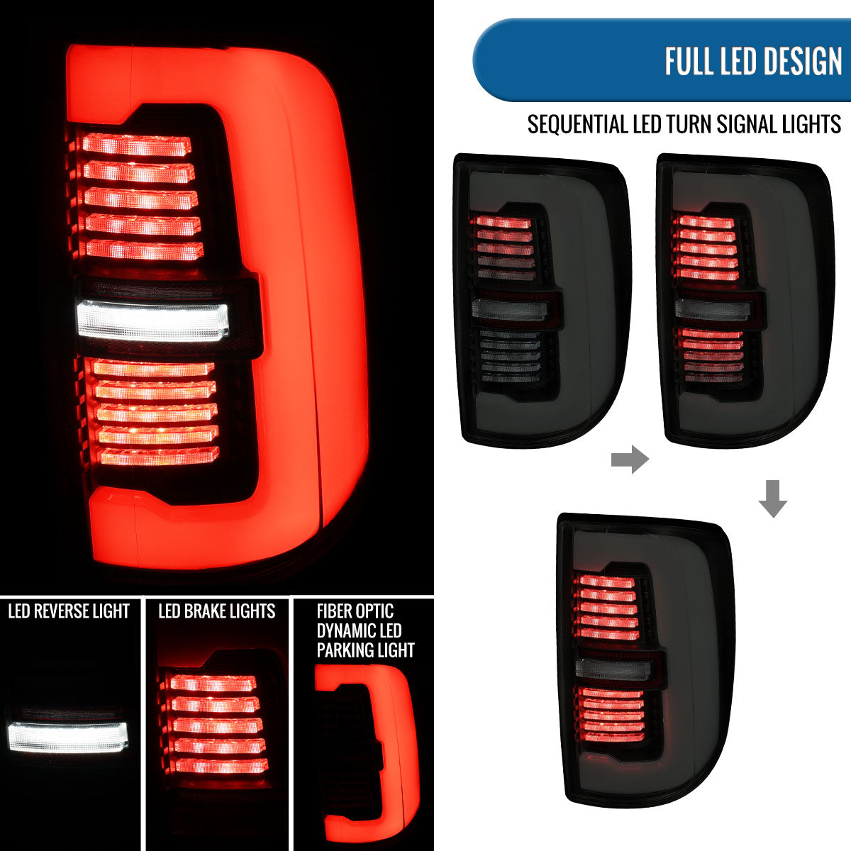 Ronnin - Fits 2019-2024 Ram 2500 3500 Halogen Model Replacement Full LED Tail Lights Sequential Turn Signal + Animated Startup Effect Assembly Pair | Black Smoke | White Tube