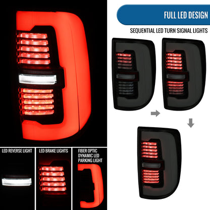 Ronnin - Fits 2019-2024 Ram 2500 3500 Halogen Model Replacement Full LED Tail Lights Sequential Turn Signal + Animated Startup Effect Assembly Pair | Black Smoke | White Tube