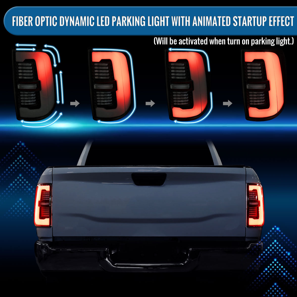 Ronnin - Fits 2019-2024 Ram 2500 3500 Halogen Model Replacement Full LED Tail Lights Sequential Turn Signal + Animated Startup Effect Assembly Pair | Black Smoke | White Tube