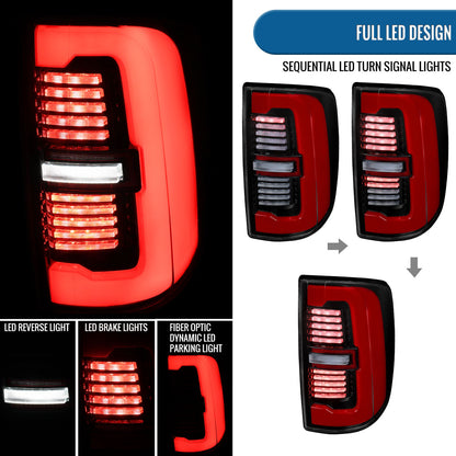 Ronnin - Fits 2019-2024 Ram 2500 3500 Halogen Model Replacement Full LED Tail Lights Sequential Turn Signal + Animated Startup Effect Assembly Pair | Gloss Black