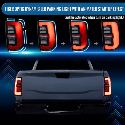 Ronnin - Fits 2019-2024 Ram 2500 3500 Halogen Model Replacement Full LED Tail Lights Sequential Turn Signal + Animated Startup Effect Assembly Pair | Gloss Black