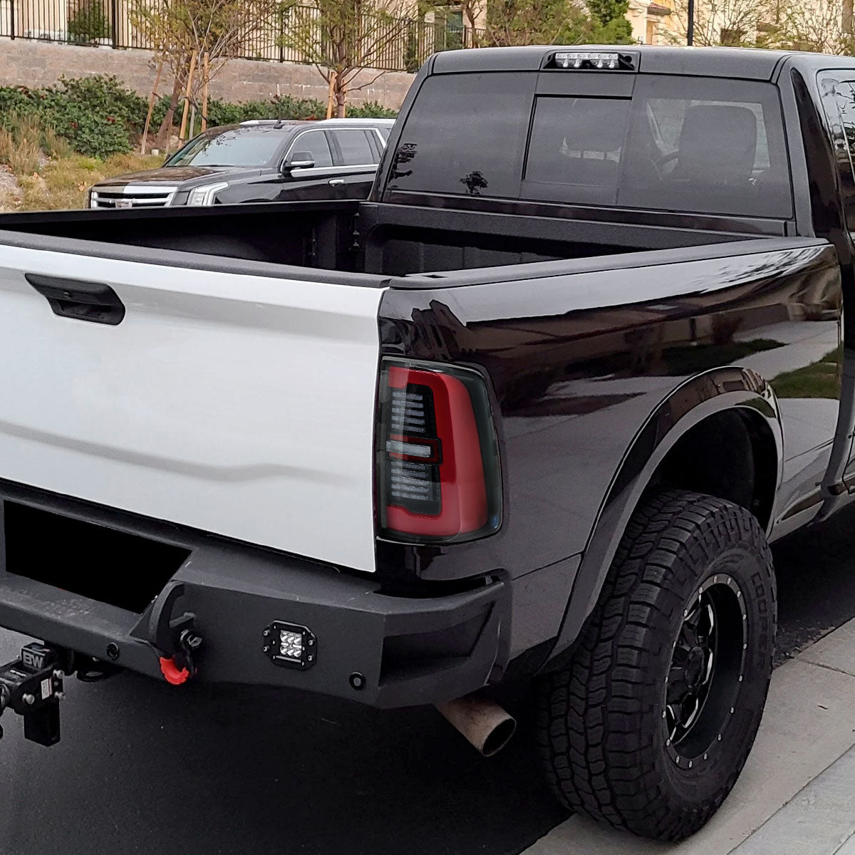 Ronnin - Fits 2019-2024 Ram 2500 3500 Halogen Model Replacement Full LED Tail Lights Sequential Turn Signal + Animated Startup Effect Assembly Pair | Gloss Black