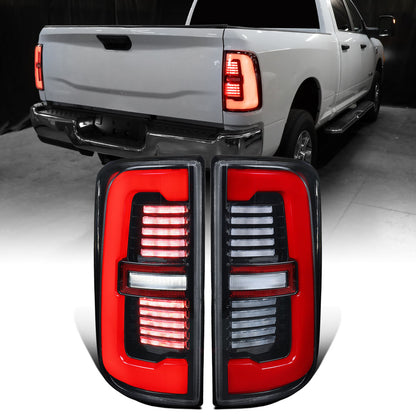 Ronnin - Fits 2019-2024 Ram 2500 3500 Halogen Model Replacement Full LED Tail Lights Sequential Turn Signal + Animated Startup Effect Assembly Pair | Gloss Black