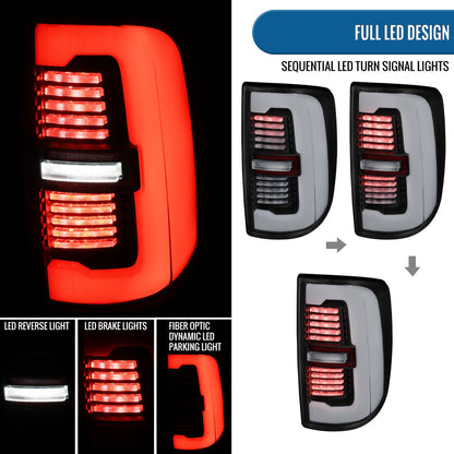 Ronnin - Fits 2019-2024 Ram 2500 3500 Halogen Model Replacement Full LED Tail Lights Sequential Turn Signal + Animated Startup Effect Assembly Pair | Black | White Tube