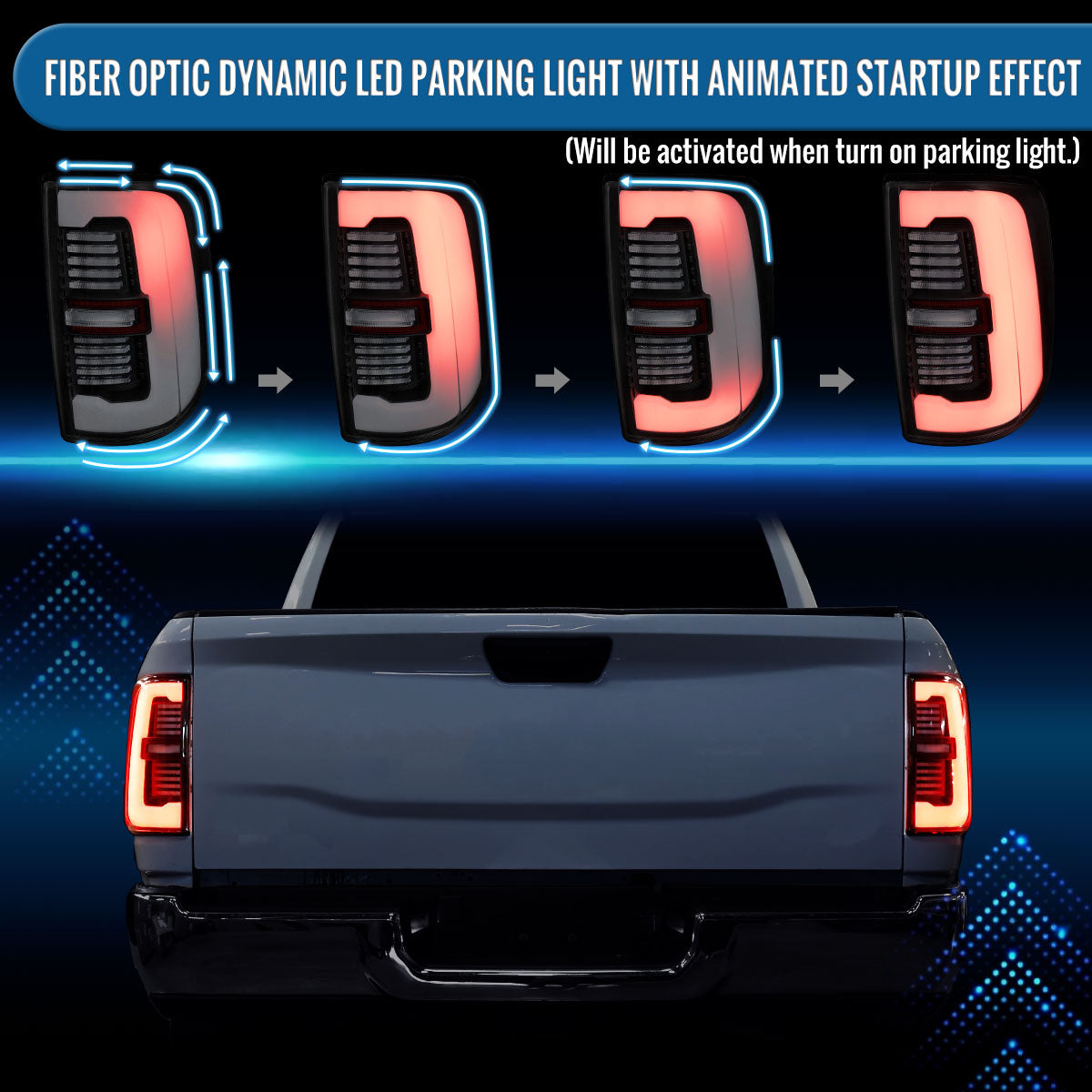 Ronnin - Fits 2019-2024 Ram 2500 3500 Halogen Model Replacement Full LED Tail Lights Sequential Turn Signal + Animated Startup Effect Assembly Pair | Black | White Tube