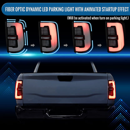 Ronnin - Fits 2019-2024 Ram 2500 3500 Halogen Model Replacement Full LED Tail Lights Sequential Turn Signal + Animated Startup Effect Assembly Pair | Black | White Tube