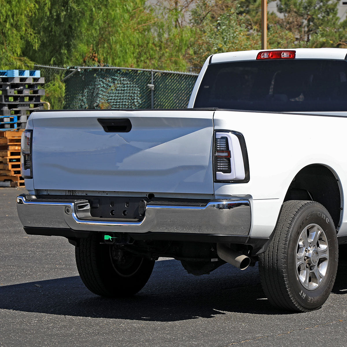 Ronnin - Fits 2019-2024 Ram 2500 3500 Halogen Model Replacement Full LED Tail Lights Sequential Turn Signal + Animated Startup Effect Assembly Pair | Black | White Tube