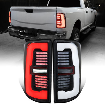 Ronnin - Fits 2019-2024 Ram 2500 3500 Halogen Model Replacement Full LED Tail Lights Sequential Turn Signal + Animated Startup Effect Assembly Pair | Black | White Tube