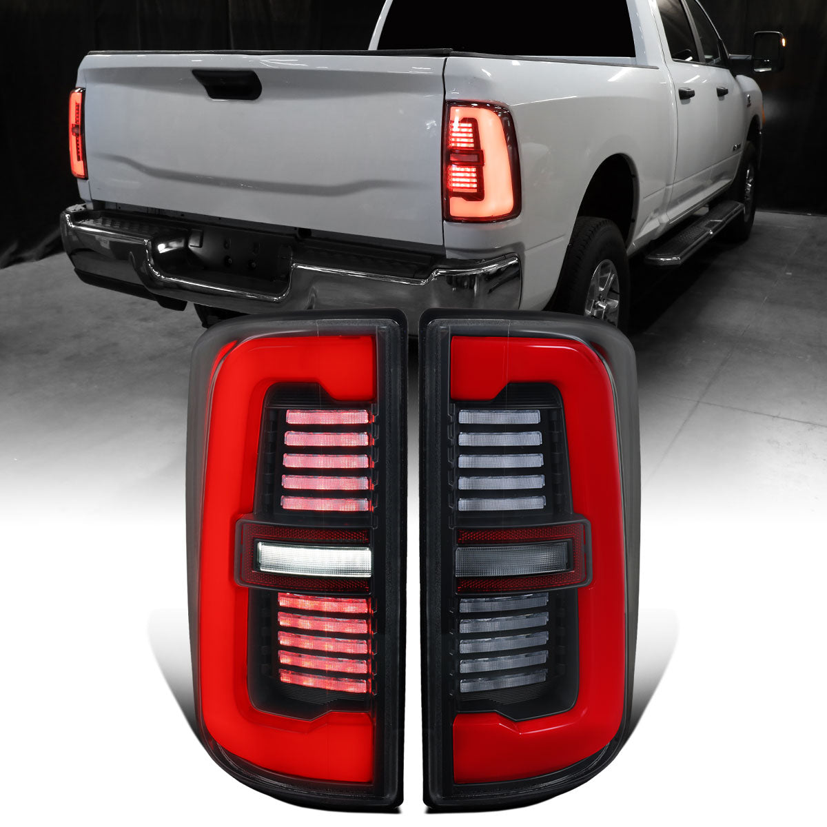 Ronnin - Fits 2019-2024 Ram 2500 3500 Halogen Model Replacement Full LED Tail Lights Sequential Turn Signal + Animated Startup Effect Assembly Pair | Black