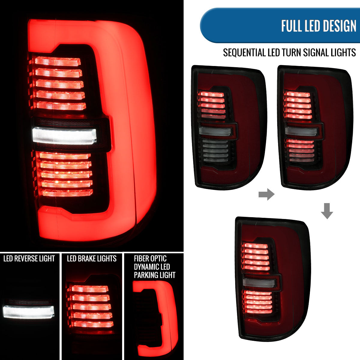 Ronnin - Fits 2019-2024 Ram 2500 3500 Halogen Model Replacement Full LED Tail Lights Sequential Turn Signal + Animated Startup Effect Assembly Pair | Black Smoke