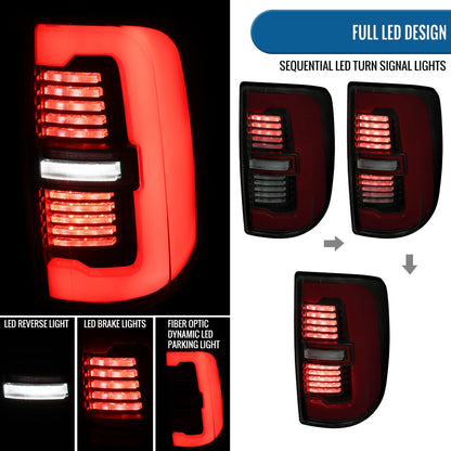 Ronnin - Fits 2019-2024 Ram 2500 3500 Halogen Model Replacement Full LED Tail Lights Sequential Turn Signal + Animated Startup Effect Assembly Pair | Black Smoke