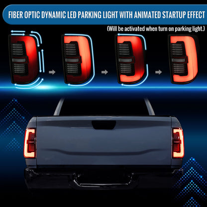Ronnin - Fits 2019-2024 Ram 2500 3500 Halogen Model Replacement Full LED Tail Lights Sequential Turn Signal + Animated Startup Effect Assembly Pair | Black Smoke