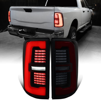 Ronnin - Fits 2019-2024 Ram 2500 3500 Halogen Model Replacement Full LED Tail Lights Sequential Turn Signal + Animated Startup Effect Assembly Pair | Black Smoke