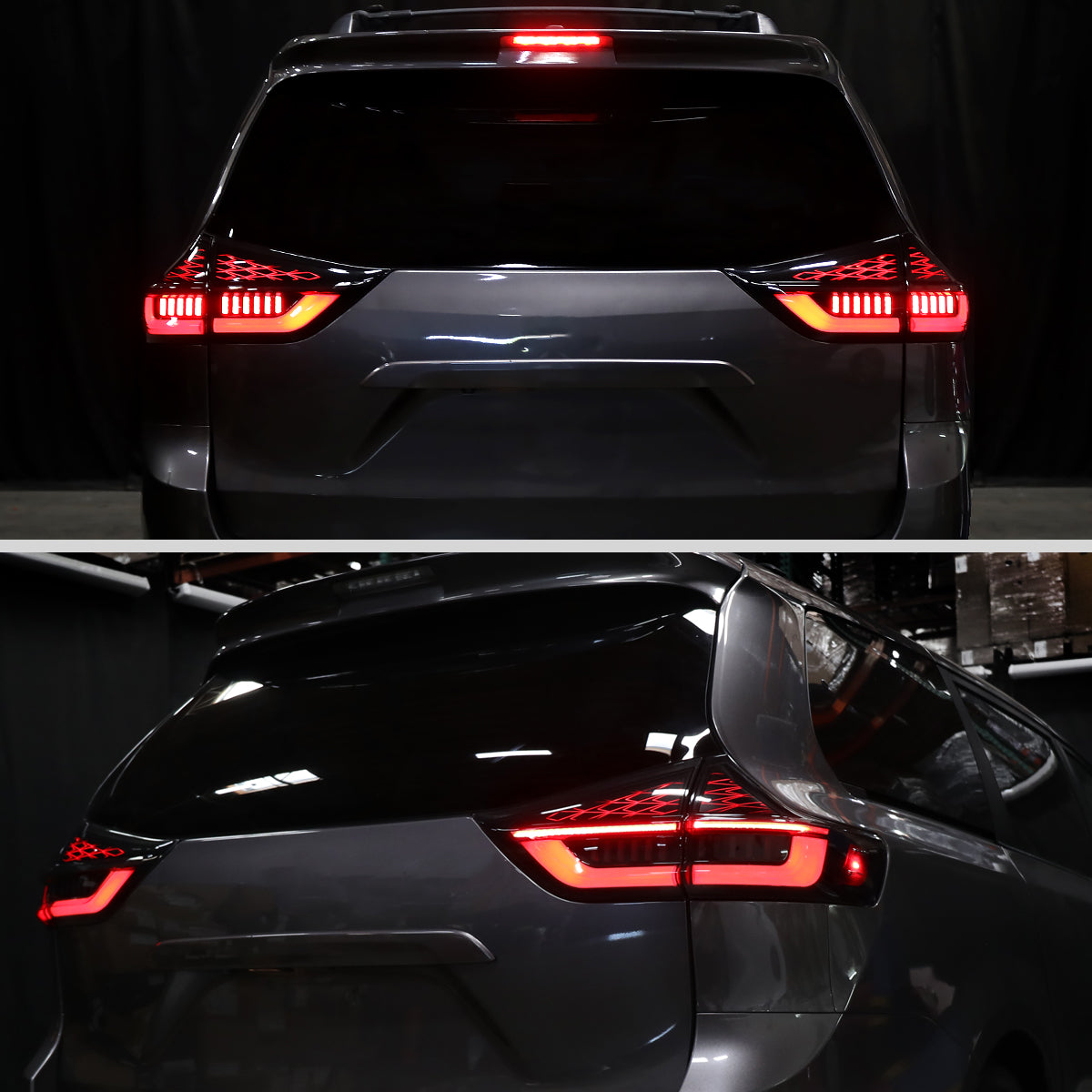 Ronnin - Luces traseras LED completas de mejora para Toyota Sienna 2011-2014 con intermitentes secuenciales + par de montaje de inicio animado | Negro ahumado | Blanco